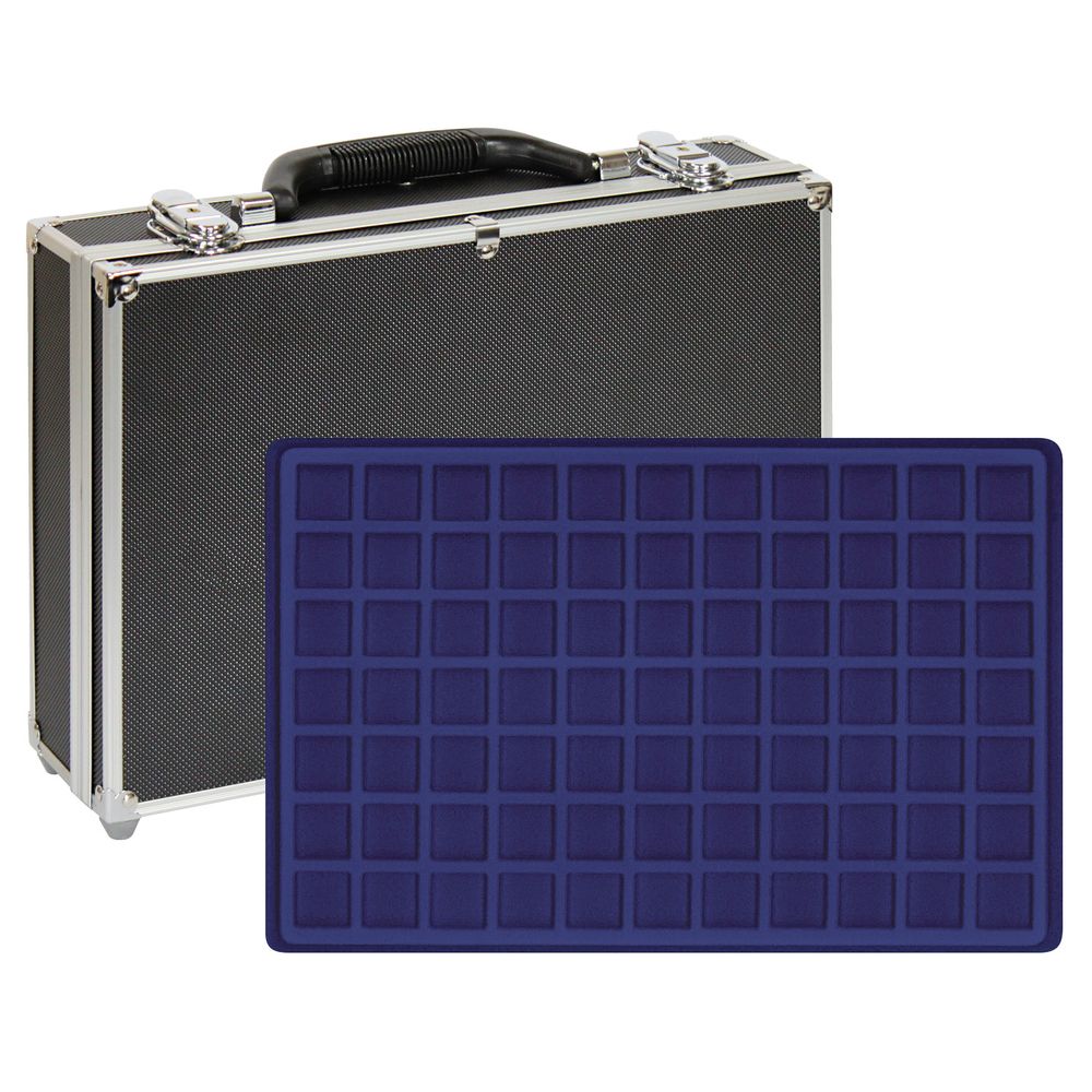 Münzen Sammelkoffer, in Schwarz, aus Aluminium, mit 8 Tableaus, für 616 Münzen bis 24 mm