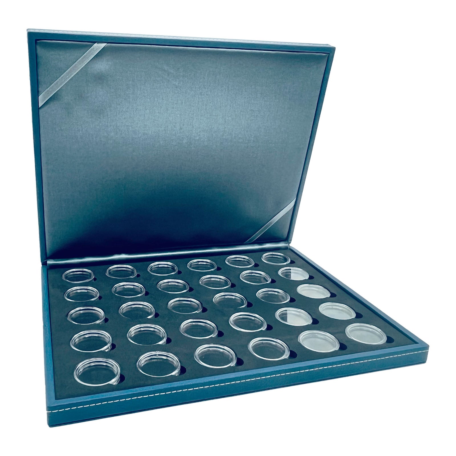 Münzkassette in Lederoptik, in Blau, für 30 mal 5 Euro Münzen mit Polymerring, mit Münzkapseln