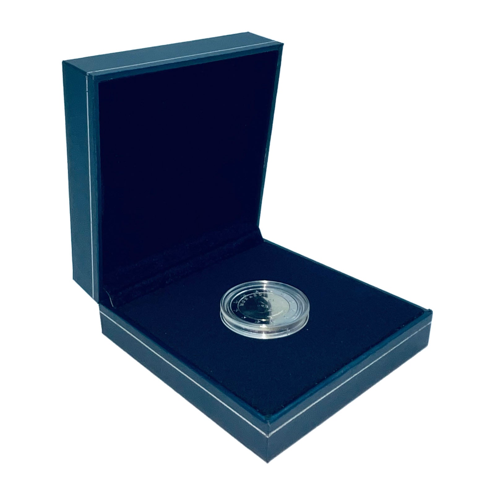 Münzetui aus Kunststoff mit Blauer Einlage, zum Eindrücken der Münzen bis 80 mm, in blau