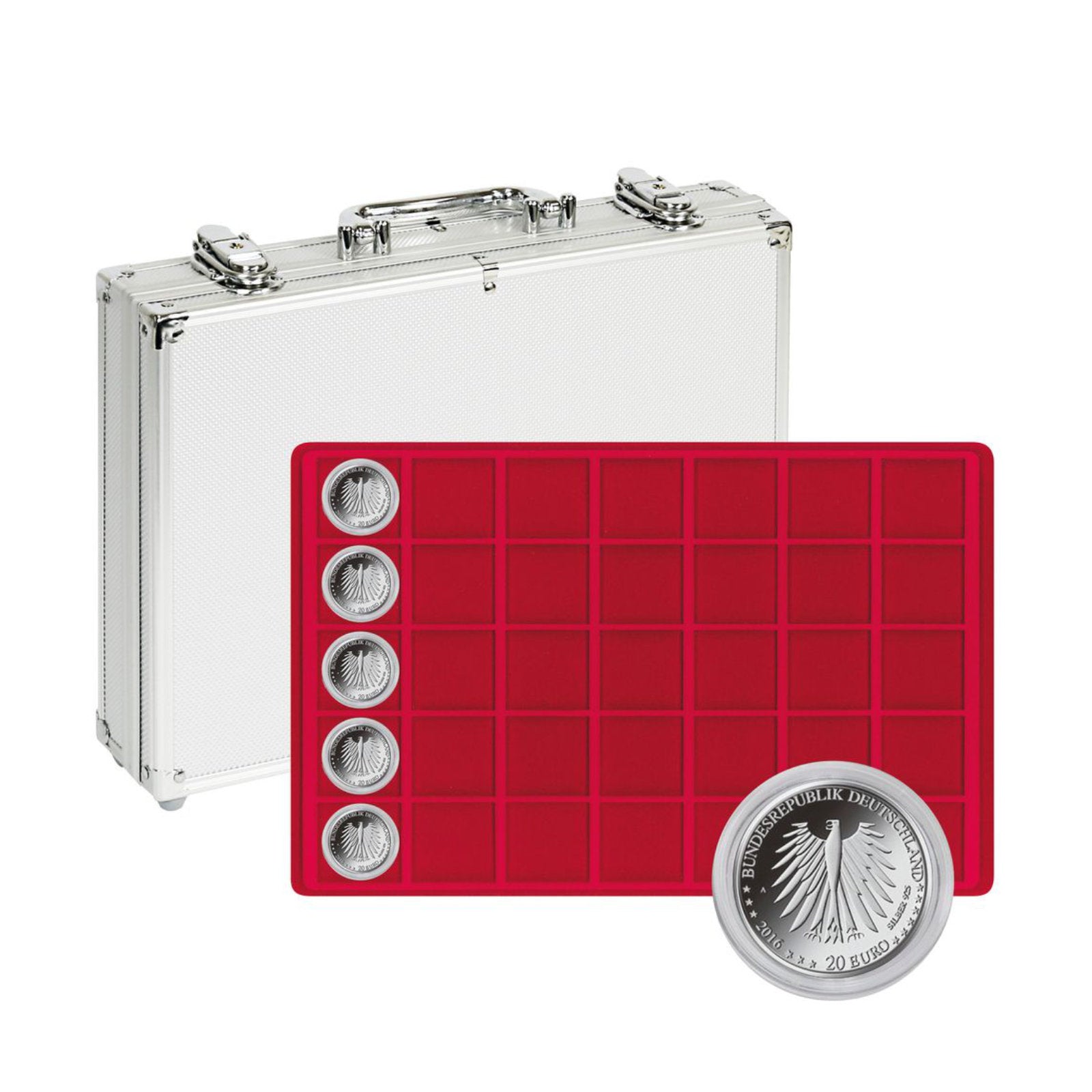 Sammelkoffer aus Aluminium mit 5 Tableaus für 175 Münzen bis 39 mm