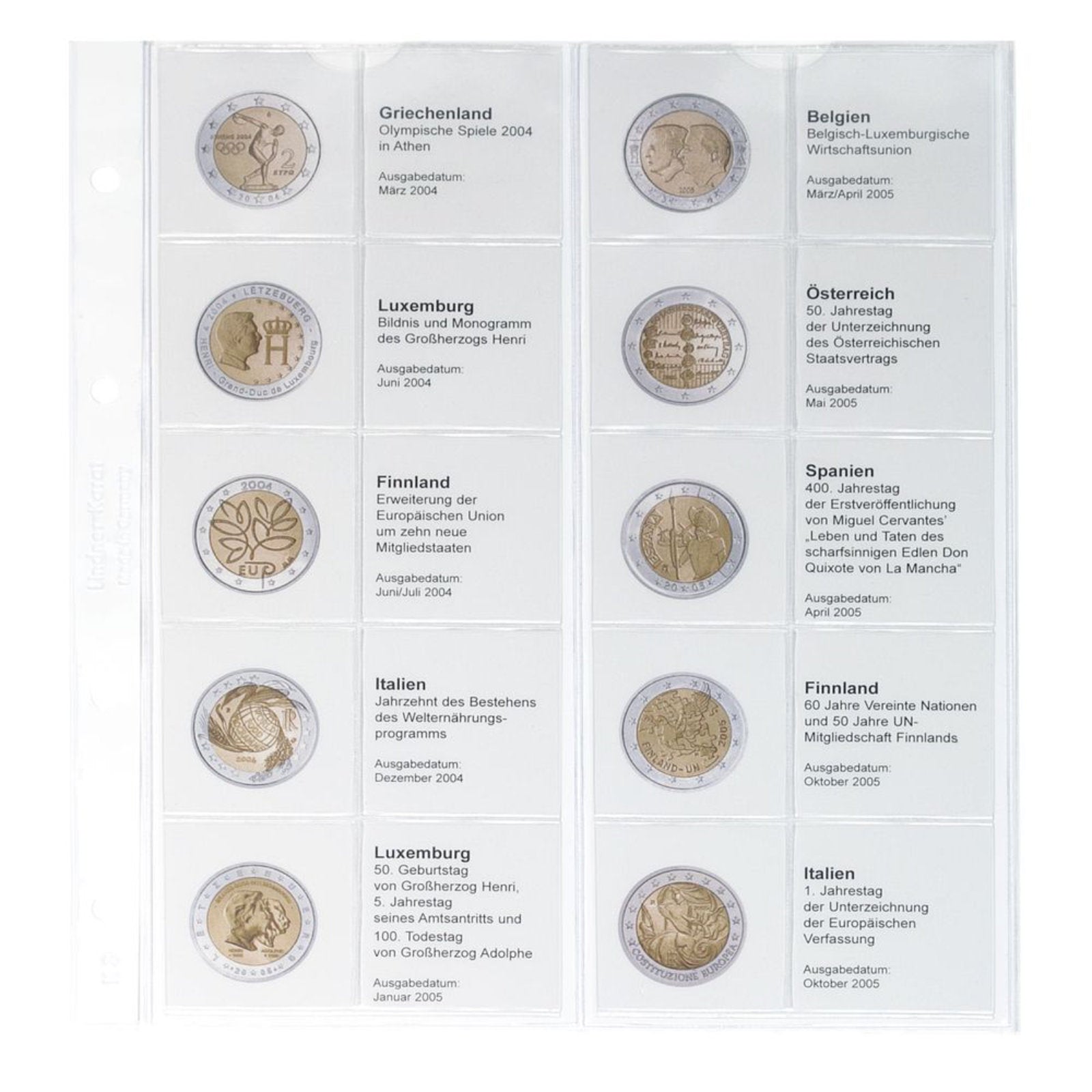 Vordruckblatt karat 2 Euro-Gedenkmünzen chronologisch: Griechenland 2004 - Italien 2005