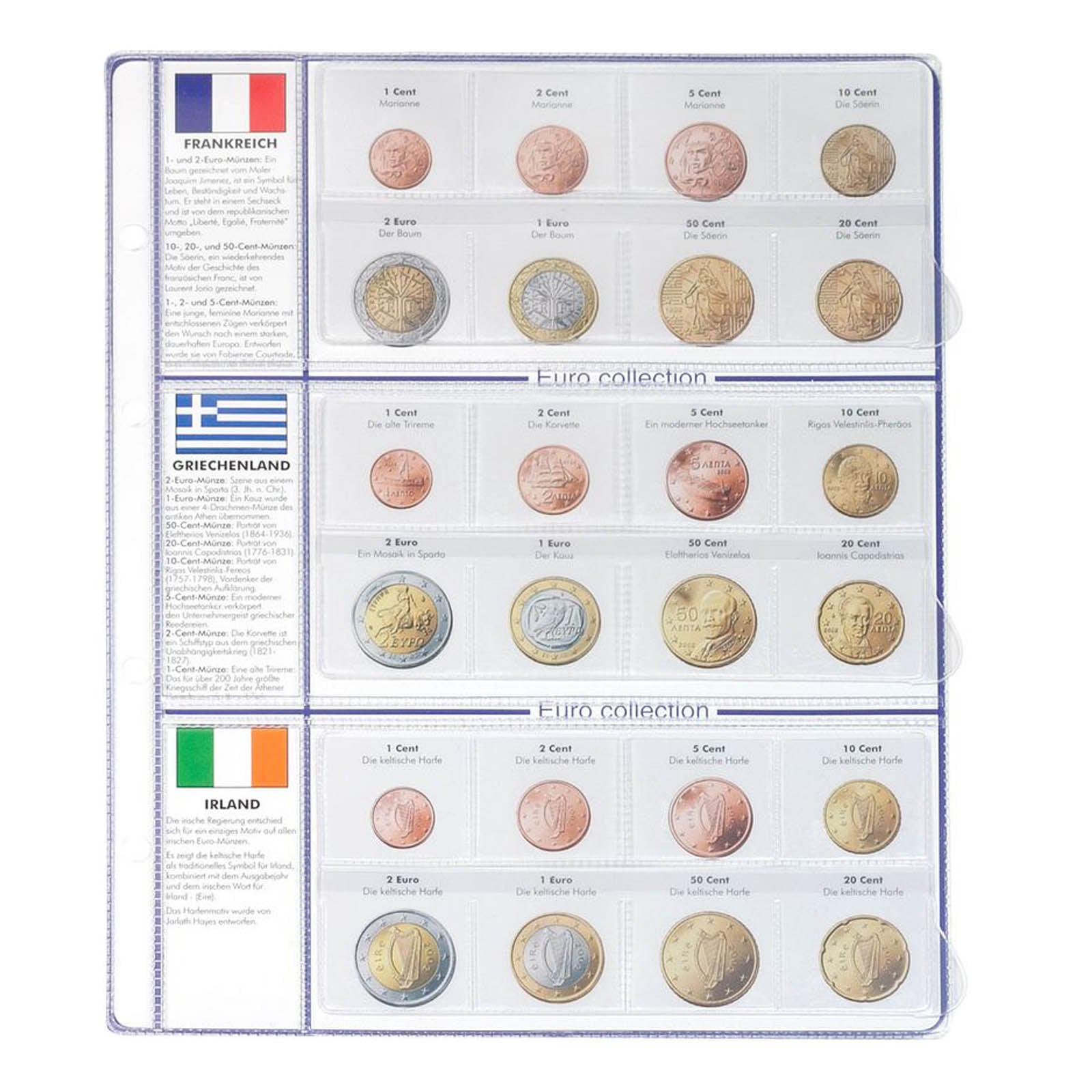 Vordruckblatt EURO COLLECTION: Kursmünzensätze Frankreich/Griechenland/Irland