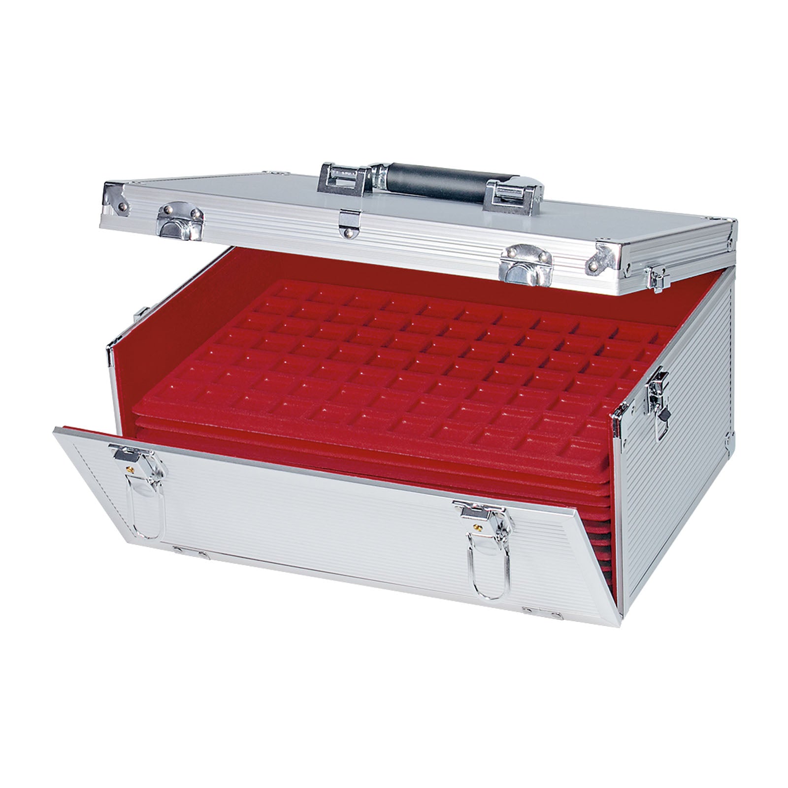 Aluminium Koffer, in Silber, für bis zu 17 Münztableaus, leer