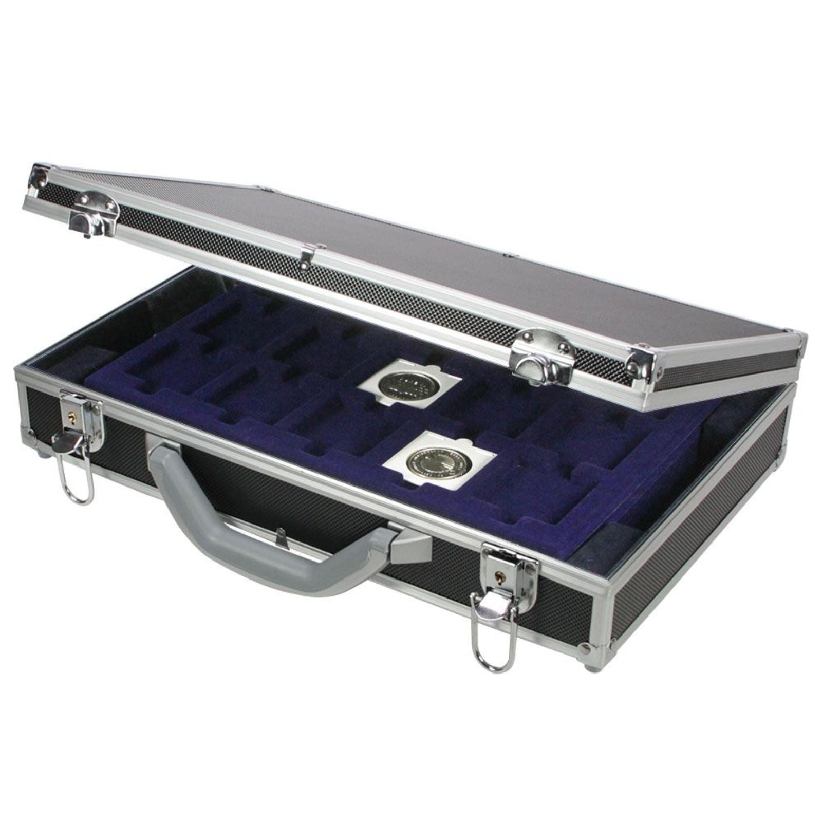 Großer Münzen Sammelkoffer, in Schwarz, aus Aluminium, ohne Inhalt, 405 mm x 270 mm x 85 mm