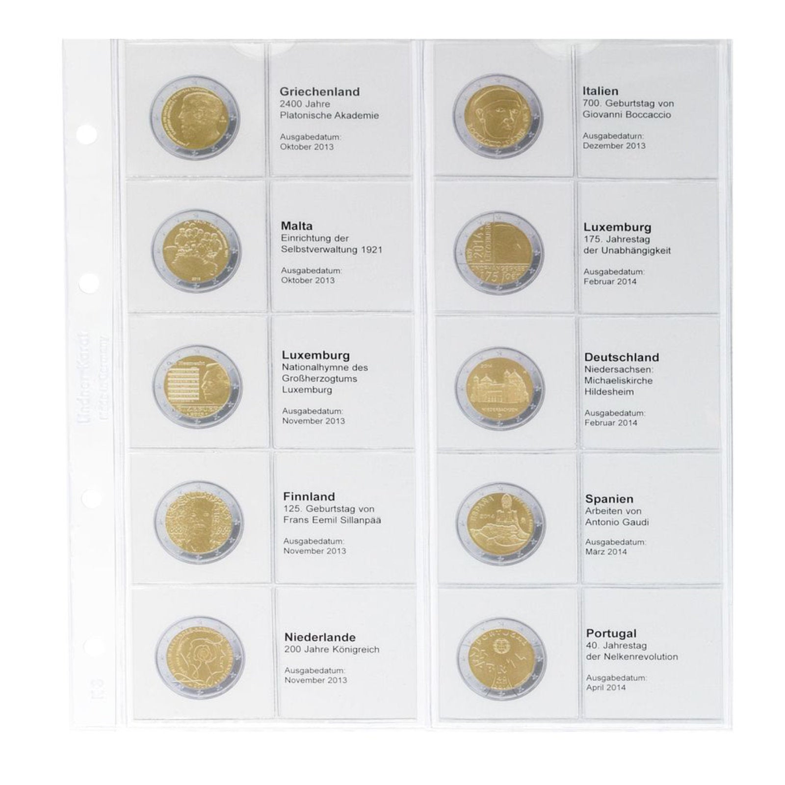 Vordruckblatt karat 2 Euro-Gedenkmünzen chronologisch: Griechenland 2013 bis Portugal 2014