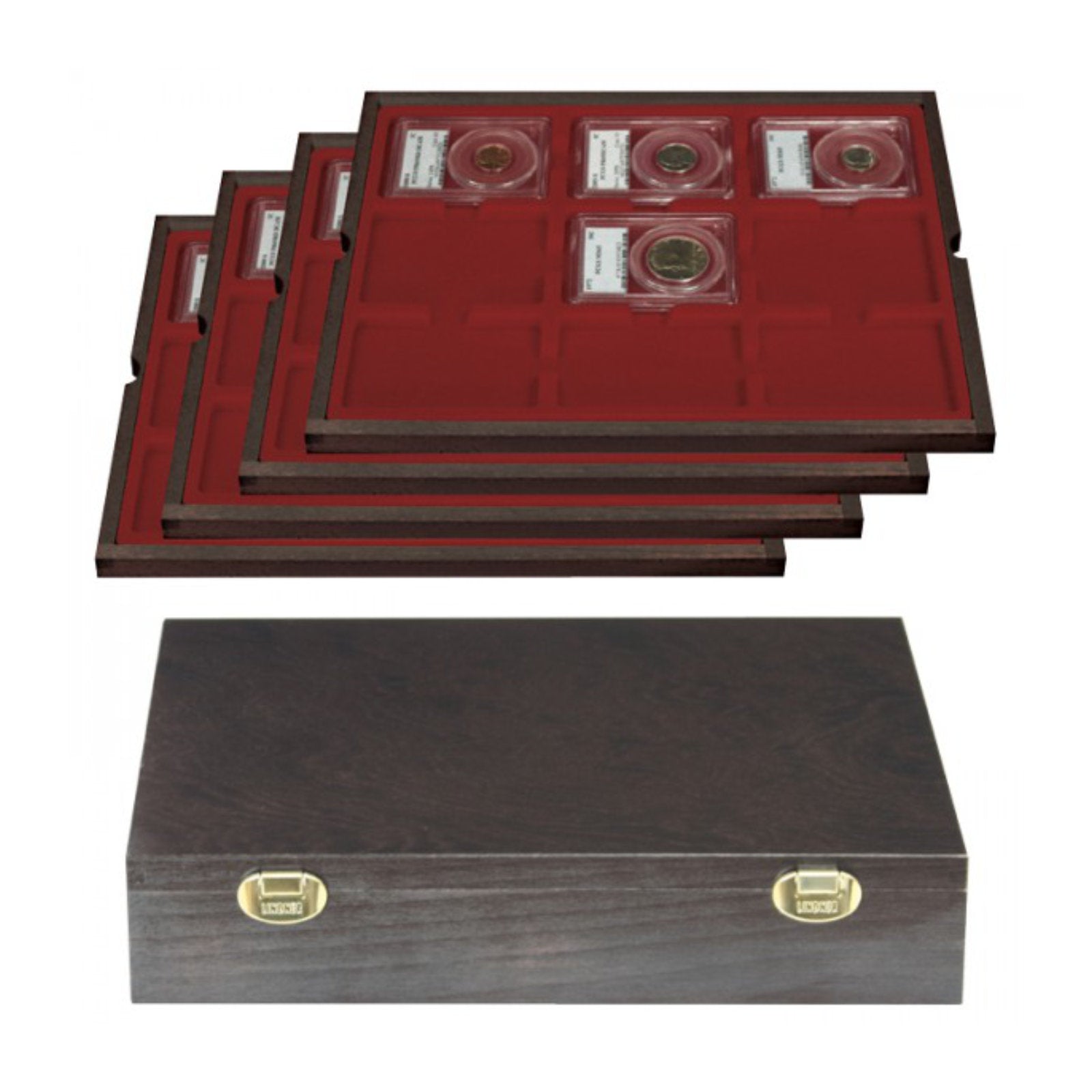 Münzkassette aus Echtholz, mit vier roten Münzeinlagen, für bis zu 216 Münzen