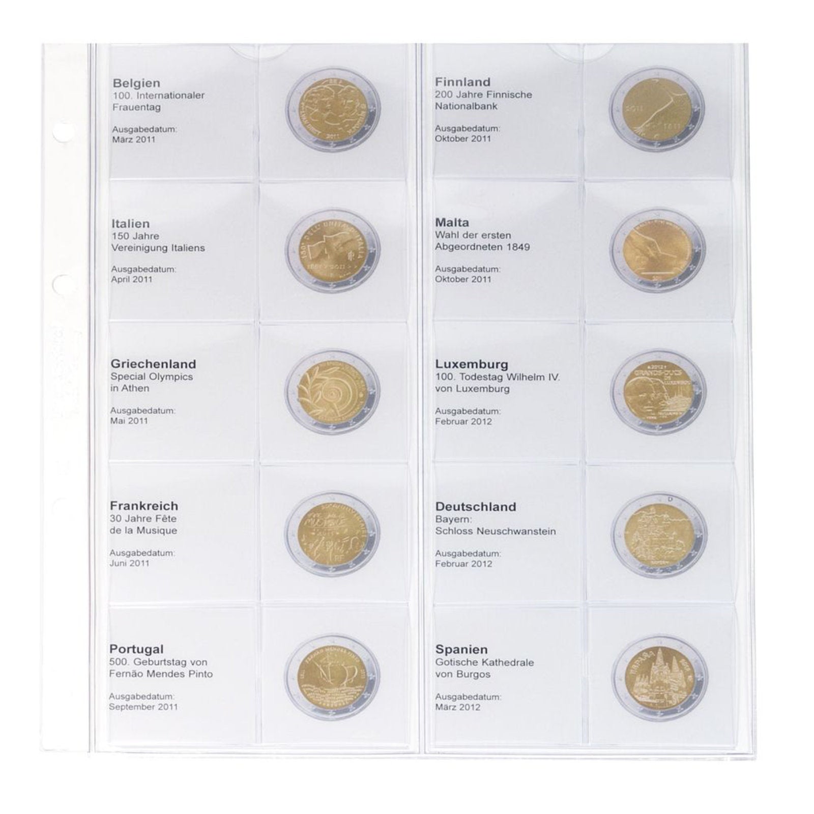 Vordruckblatt karat 2 Euro-Gedenkmünzen chronologisch: Belgien 2011 - Spanien 2012