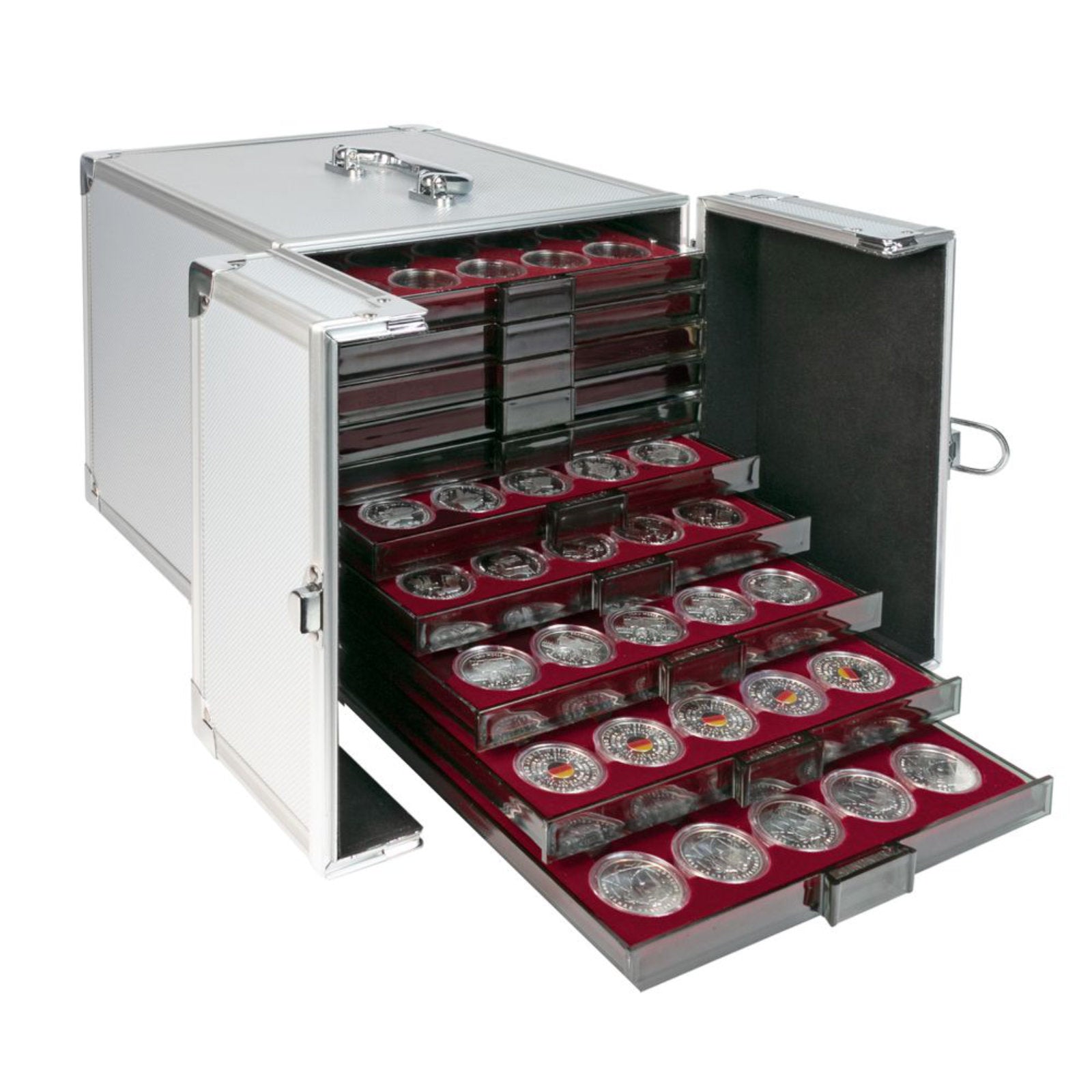 Sammelkoffer aus Aluminium, in Silber, für bis zu 10 Münzboxen