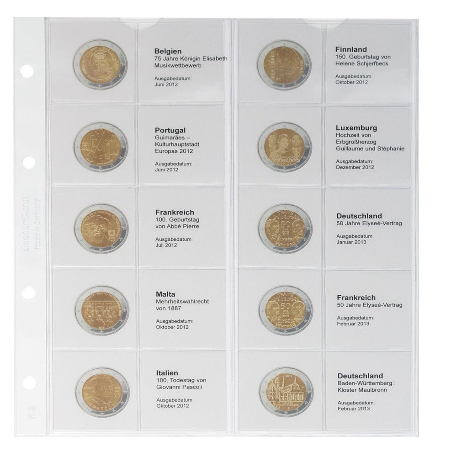 Vordruckblatt karat 2 Euro-Gedenkmünzen chronologisch: Belgien 2012 - Deutschland 2013