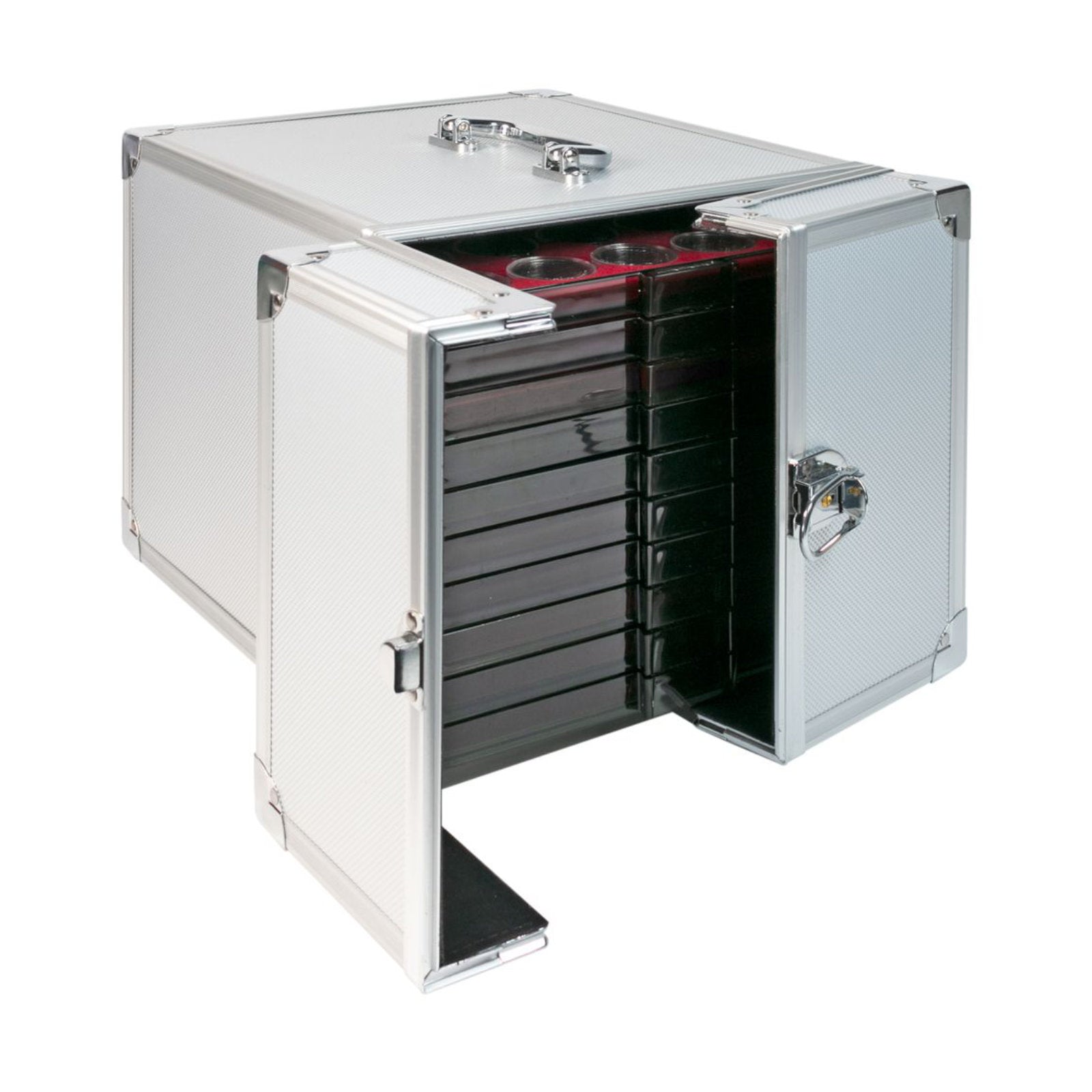 Sammelkoffer aus Aluminium, in Silber, für bis zu 10 Münzboxen