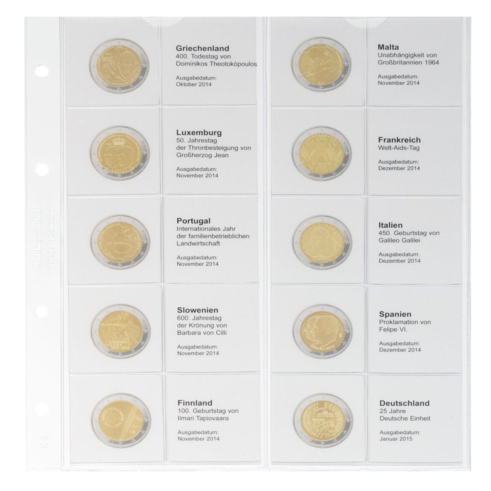 Vordruckblatt karat 2 Euro-Gedenkmünzen chronologisch: Griechenland Oktober 2014 - Deutschland Januar 2015