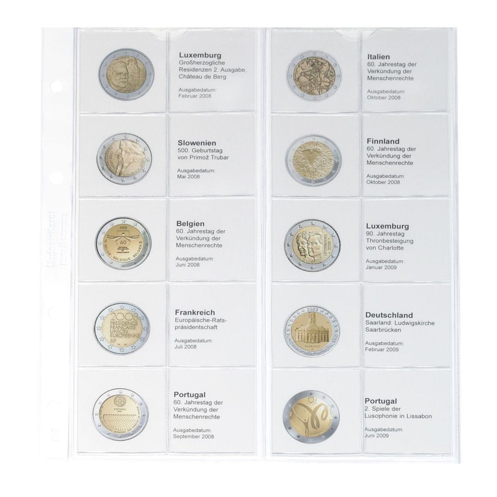 Vordruckblatt karat 2 Euro-Gedenkmünzen chronologisch: Luxemburg 2008 - Portugal 2009