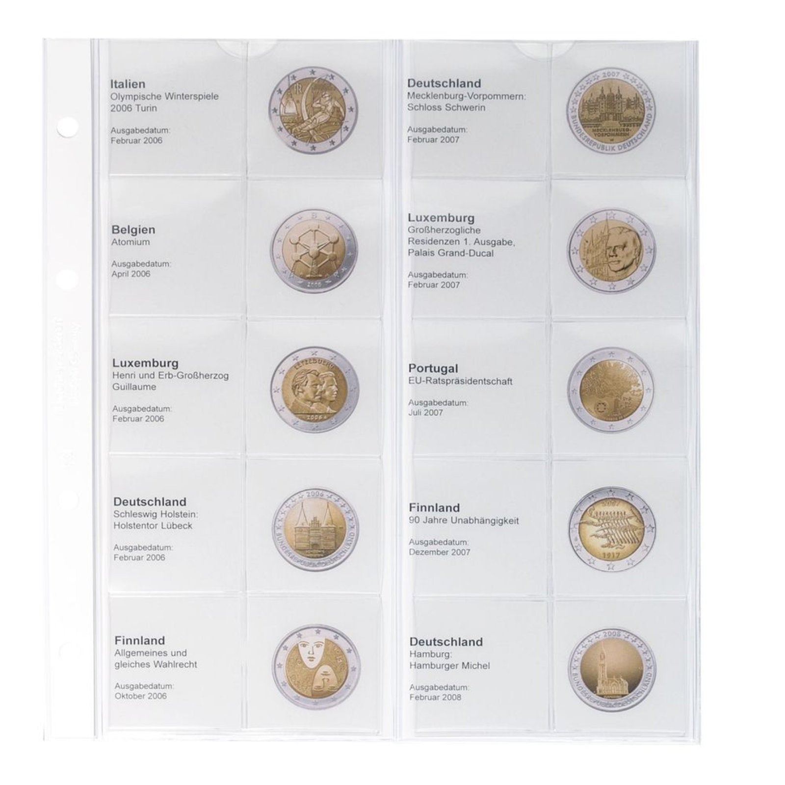 Vordruckblatt karat 2 Euro-Gedenkmünzen chronologisch: Italien 2006 - Deutschland 2008